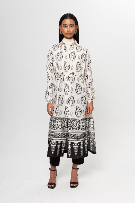 BEJ SİYAH DESENLİ GÖMLEK ELBİSE