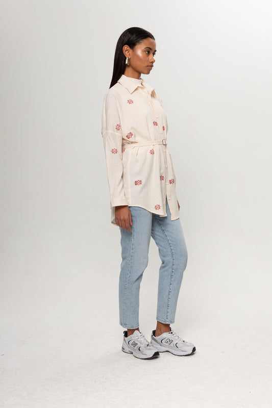 BEJ PEMBE RENKLİ SALAŞ KEMERLİ GÖMLEK