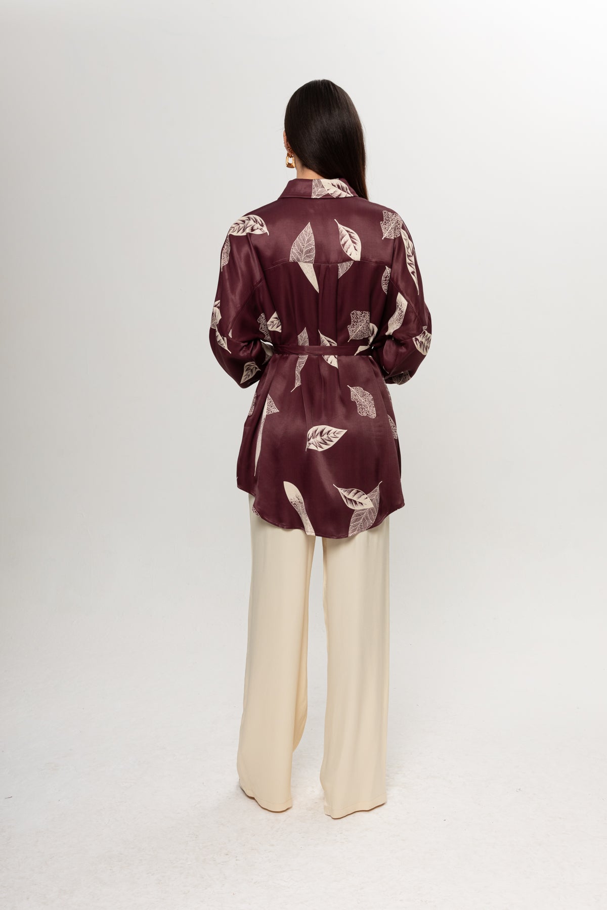 BORDO YAPRAK DESENLİ SATEN PANTOLON TAKIM