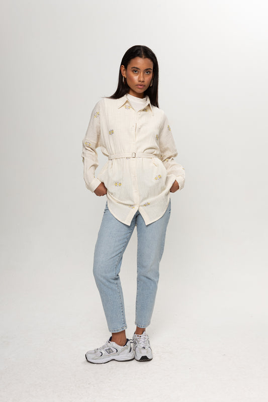 BEJ YEŞİL VE MOR RENKLİ SALAŞ KEMERLİ GÖMLEK