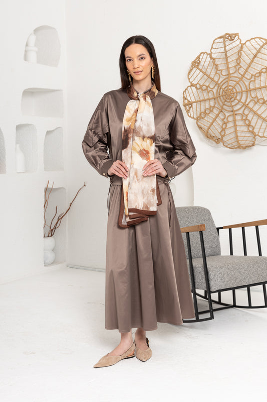 KAHVE ÇİÇEK DESENLİ ŞAL