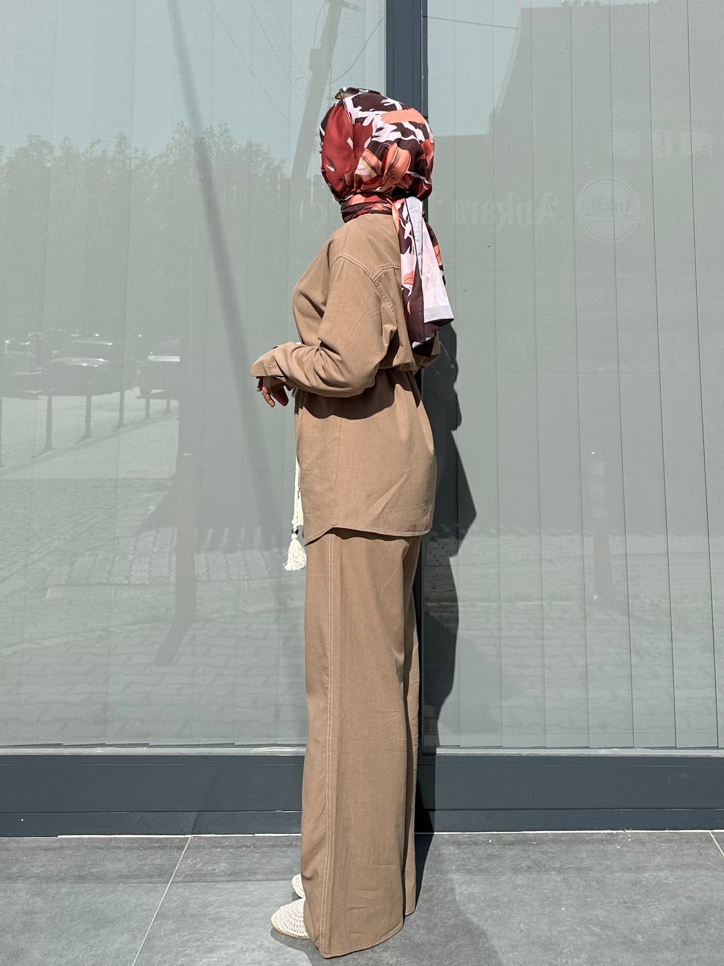 CAMEL ETİKET DETAYLI KETEN PANTOLON TAKIM