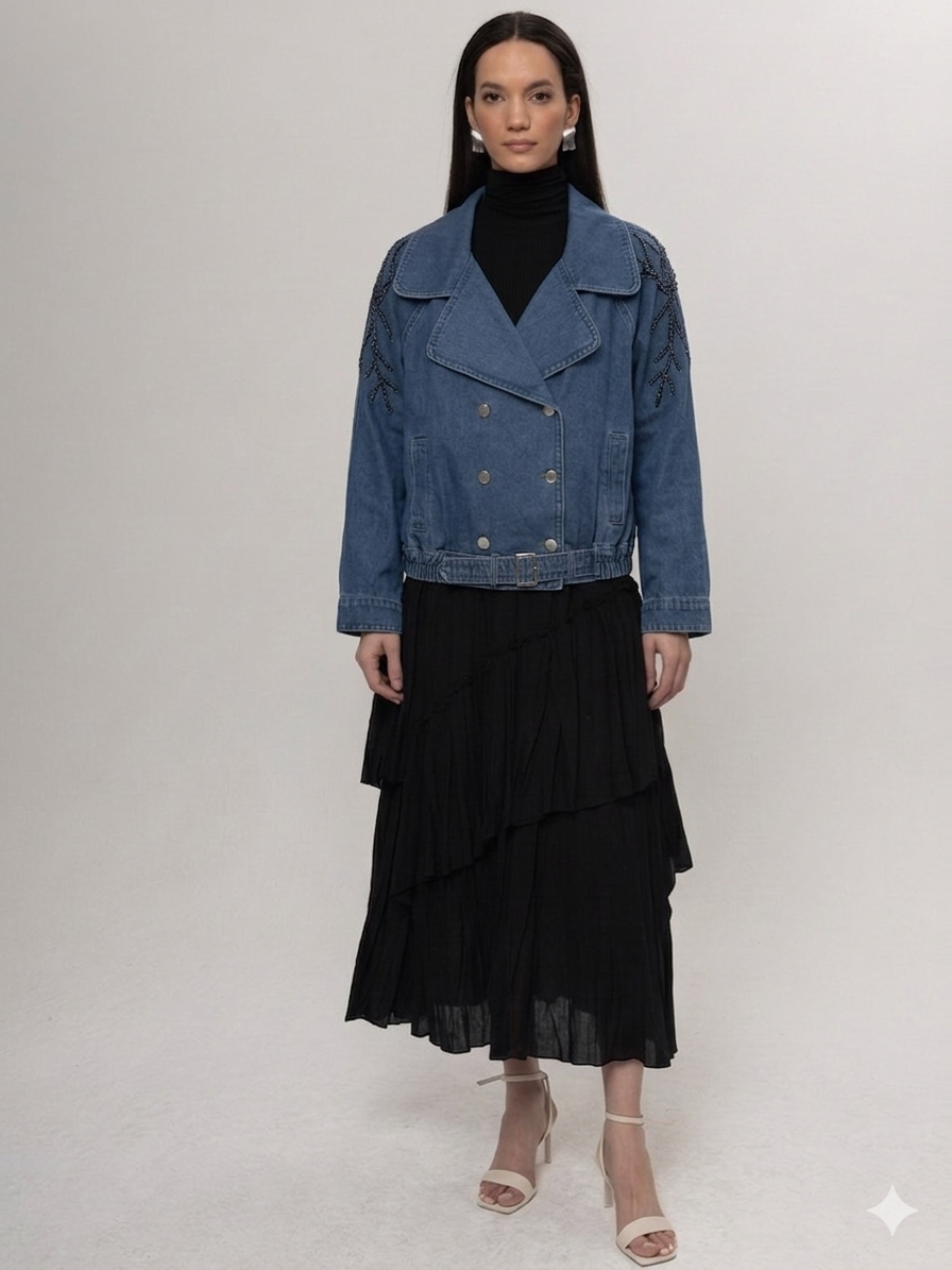 AÇIK DENİM OMUZLARI TAŞ DETAY KOT CEKET