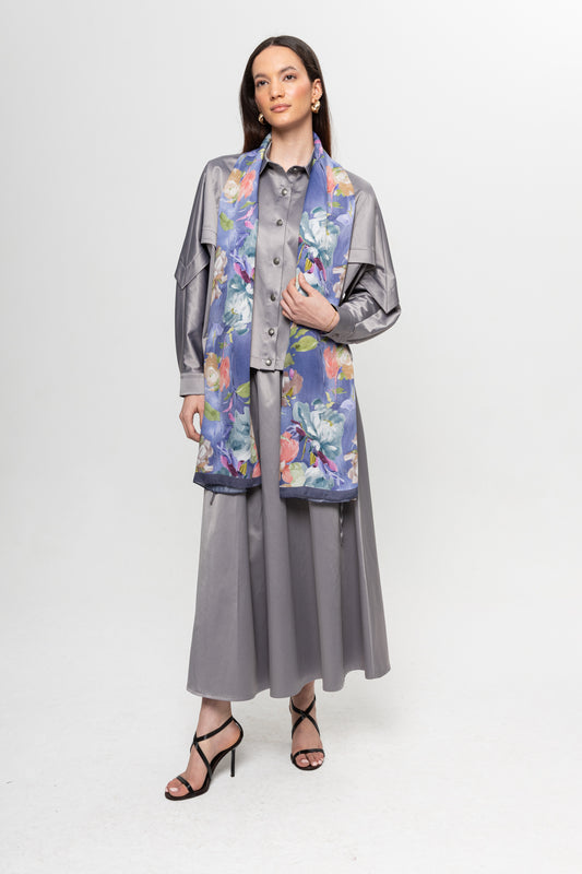 İNDİGO RENKLİ ÇİÇEK DESENLİ ŞAL