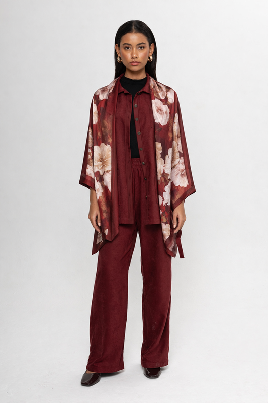 BORDO ÇİÇEK DESENLİ ŞAL