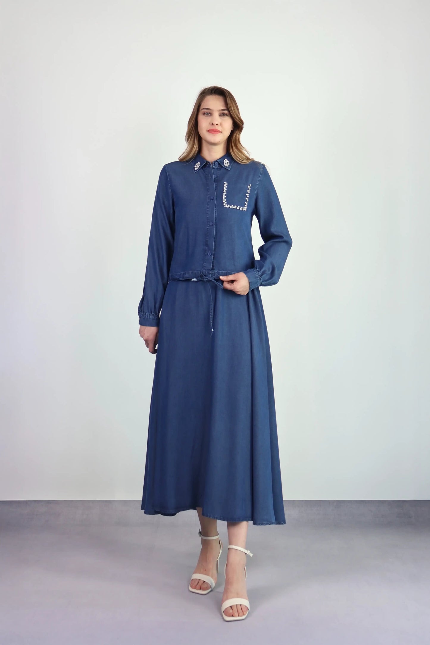 KOYU DENIM TAŞ İŞLEMELİ TENSEL TAKIM