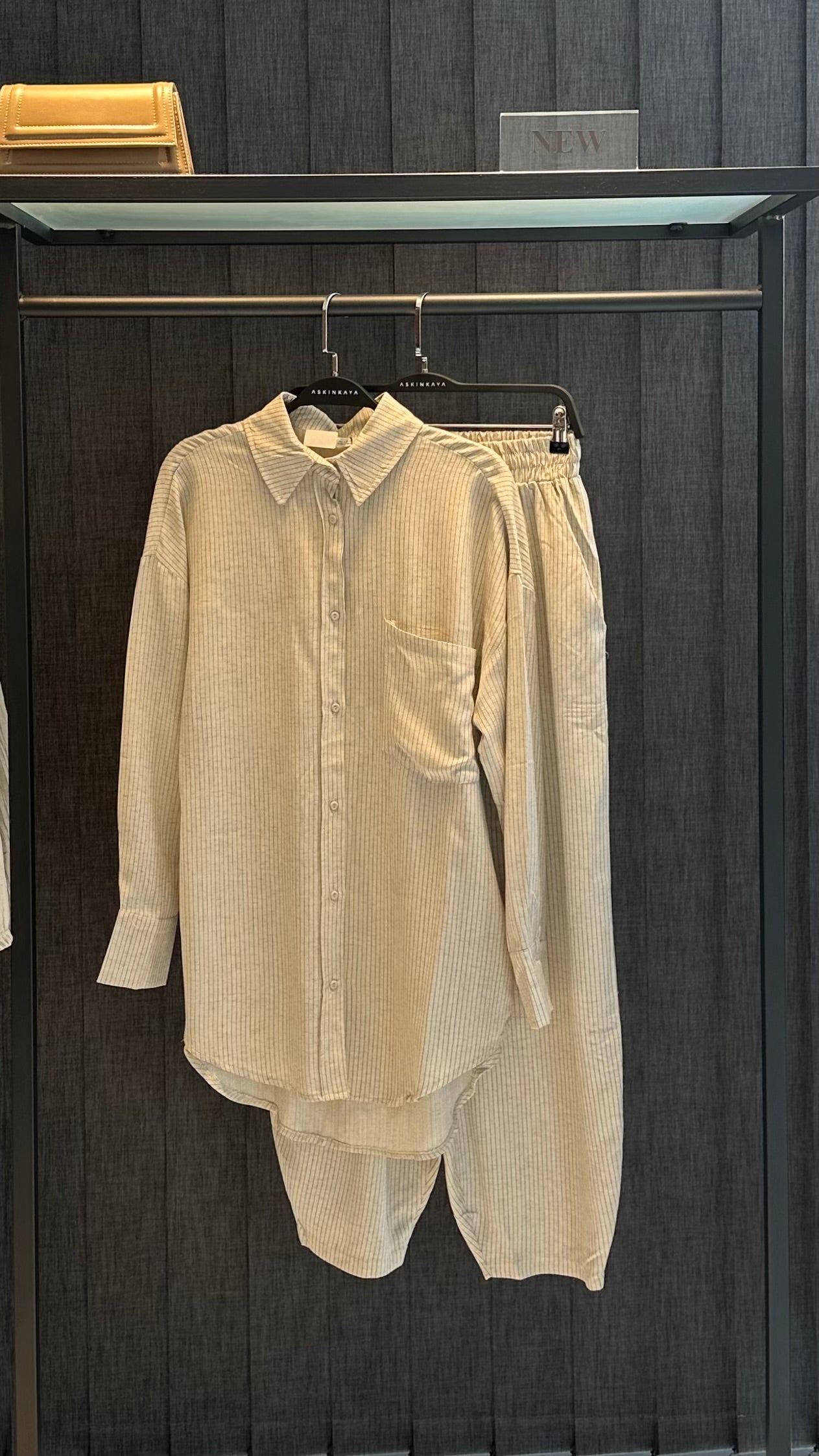 BEJ ÇİZGİLİ KETEN PANTOLON TAKIM
