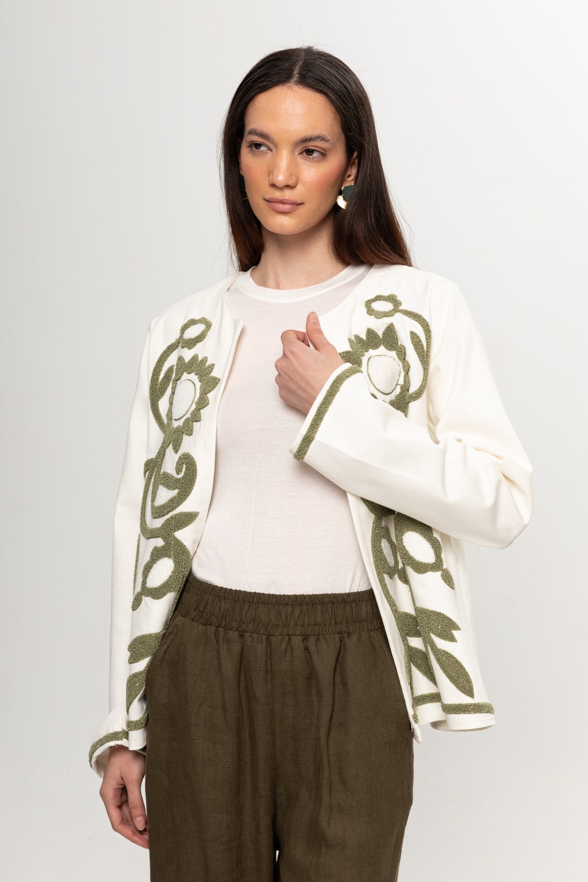 BEJ YEŞİL NAKIŞLI KİMONO