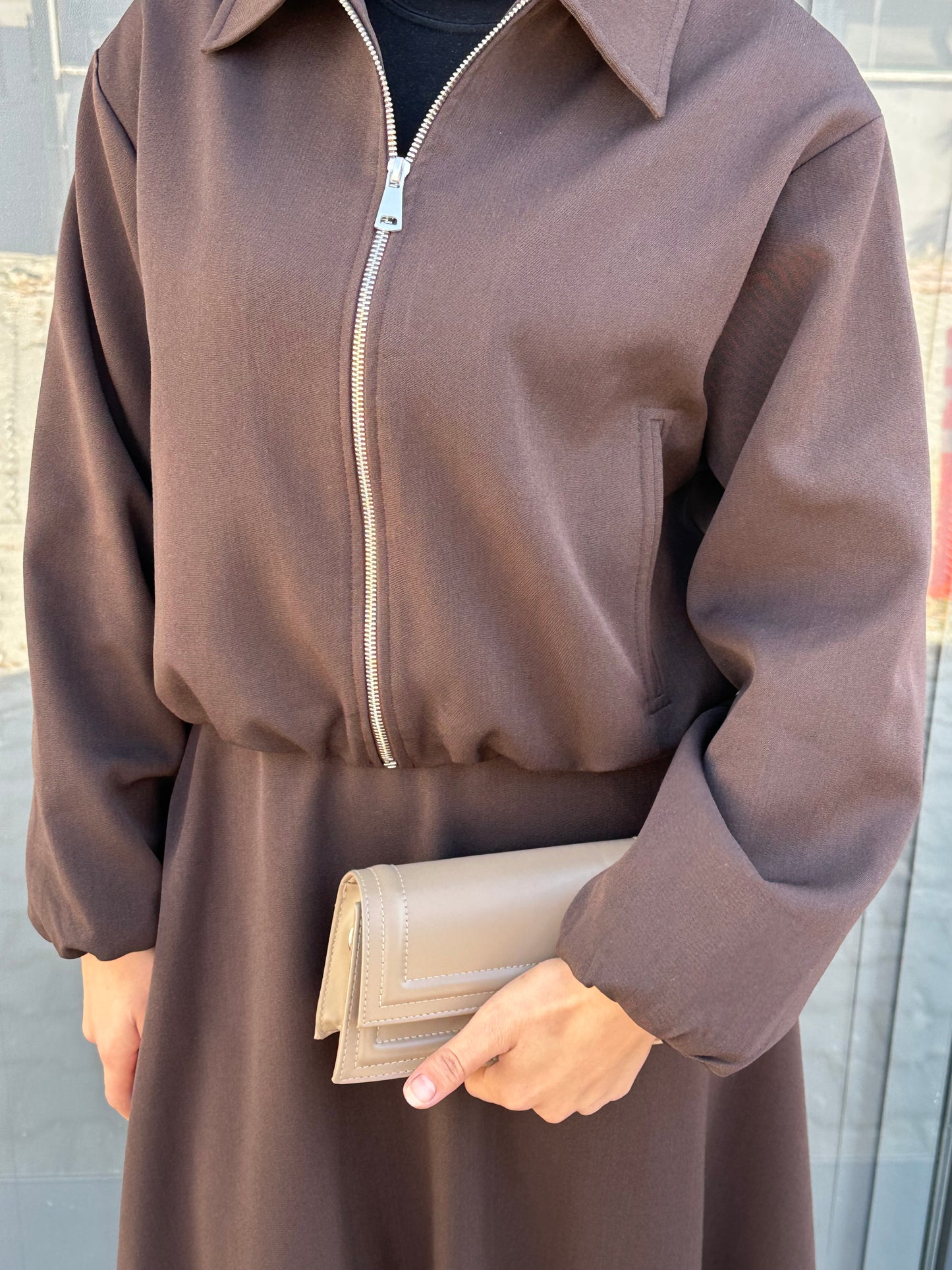 KAHVERENGİ FERMUAR DETAY CEKETLİ ETEK TAKIM