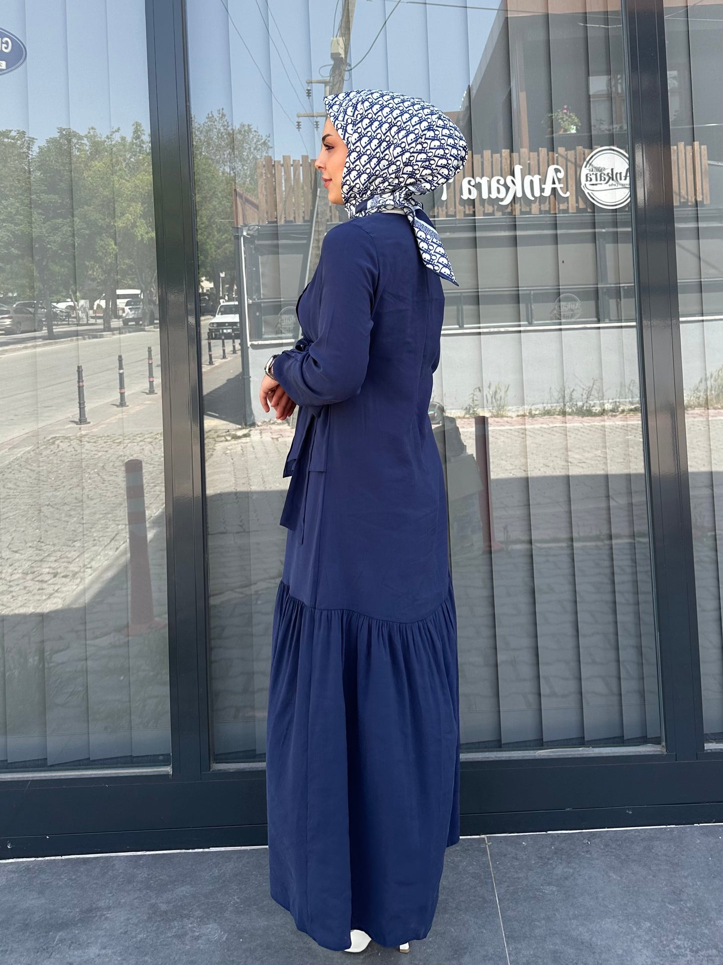 LACİVERT KUŞ GÖZLÜ YANDAN BAĞLAMALI ELBİSE