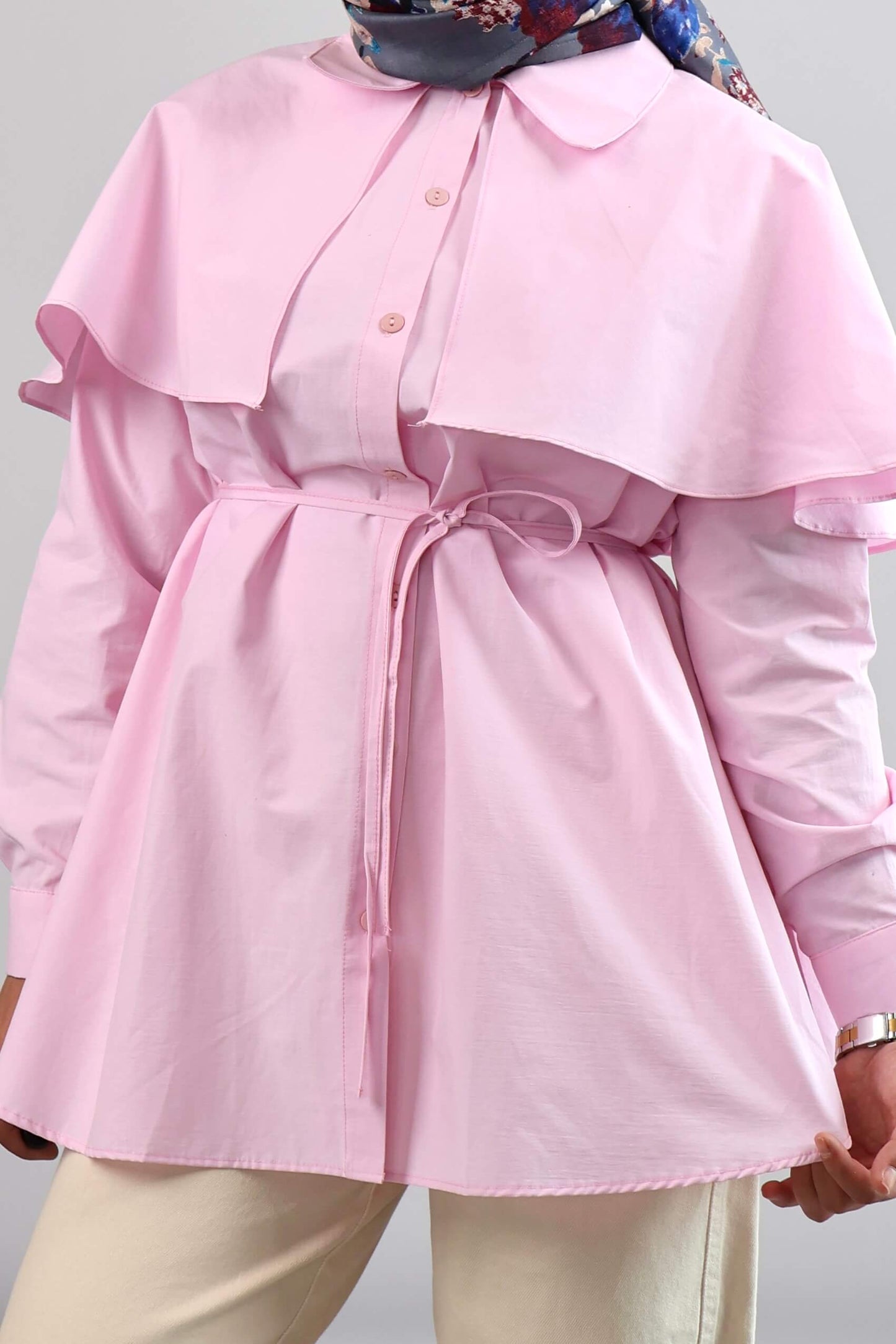 PEMBE BELİ BAĞLAMALI VOLANLI TUNİK