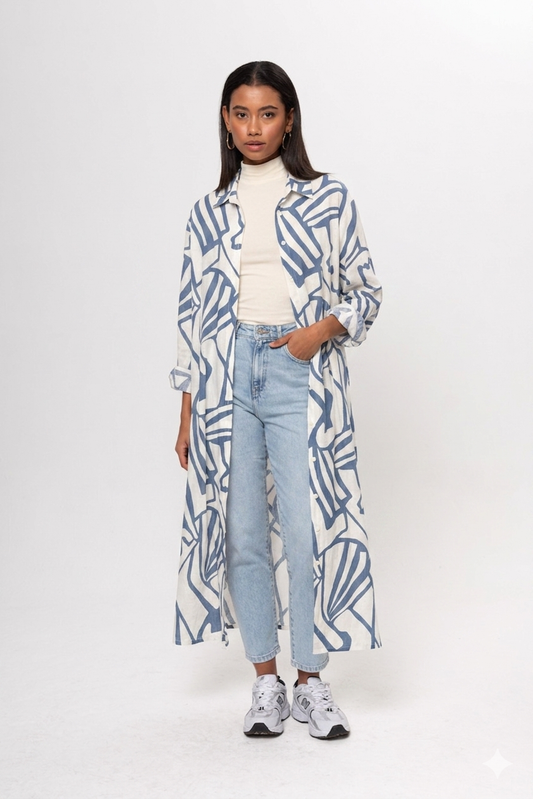 MAVİ BEYAZ RENKLİ GÖMLEK ELBİSE