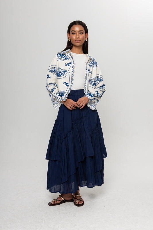 SAKS MAVİSİ KRAŞLI KAT KAT ETEK