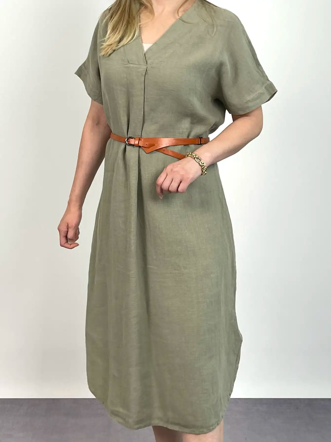 ÇAĞLA YEŞİL MİDİ BOY KETEN ELBİSE - ASKINKAYA