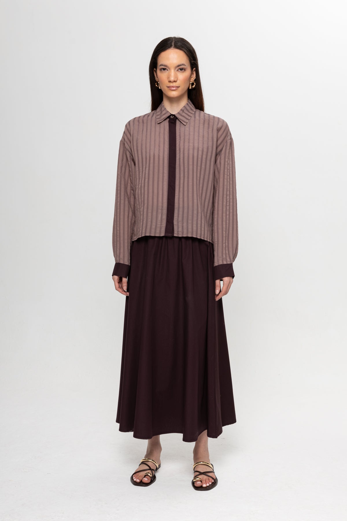 BORDO ÇİZGİLİ GİZLİ PATLI ETEKLİ TAKIM