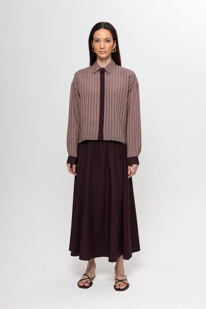 BORDO ÇİZGİLİ GİZLİ PATLI ETEKLİ TAKIM