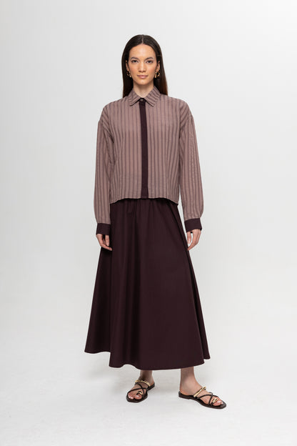 BORDO ÇİZGİLİ GİZLİ PATLI ETEKLİ TAKIM