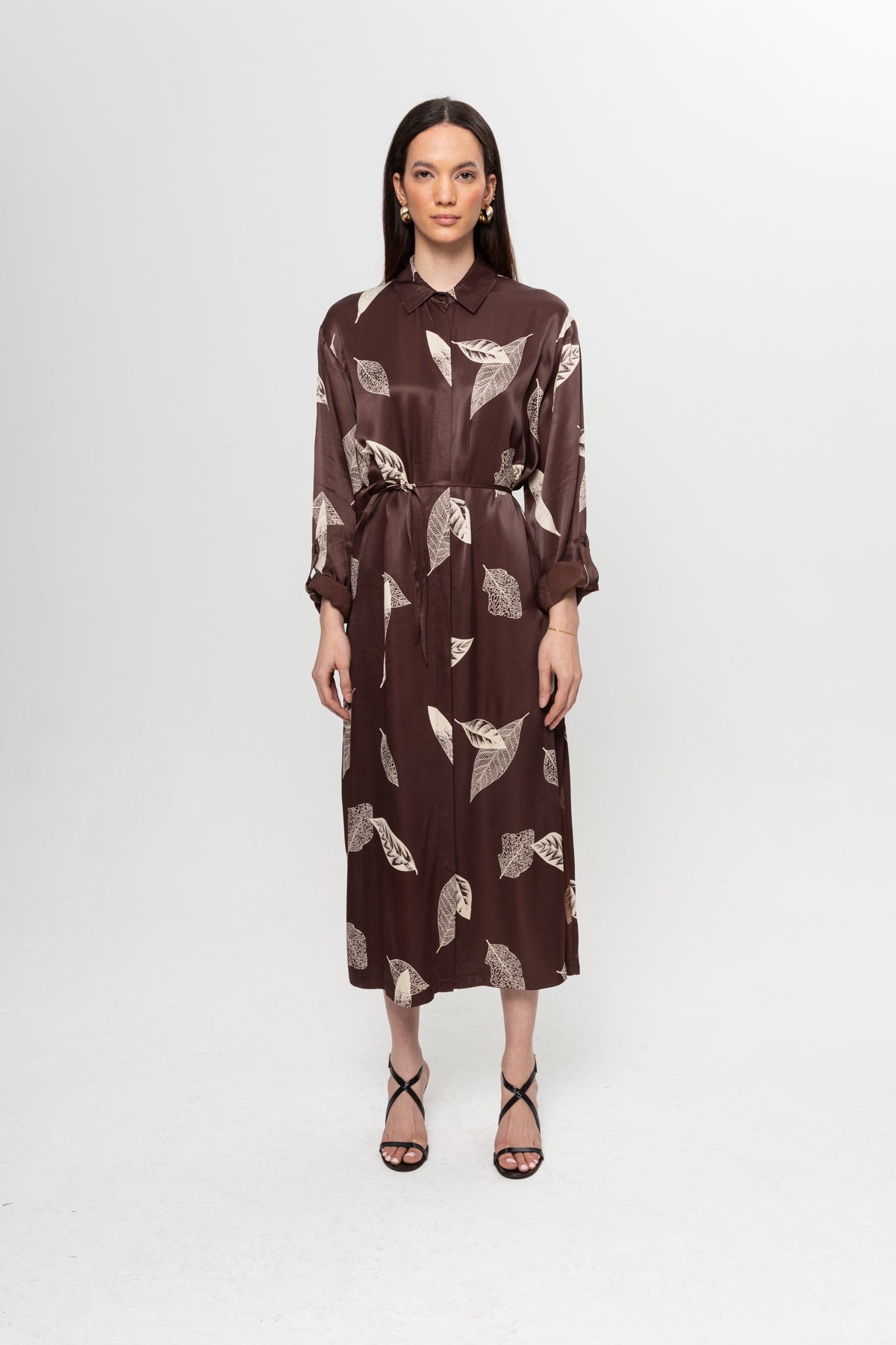 KAHVE BEJLİ SATEN GÖMLEK ELBİSE