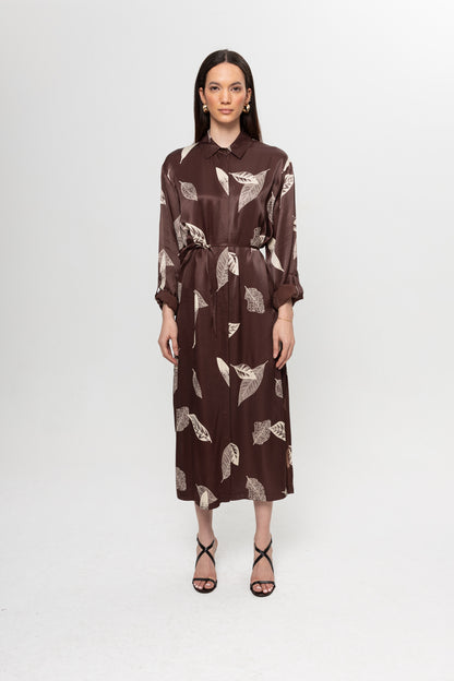KAHVE BEJLİ SATEN GÖMLEK ELBİSE