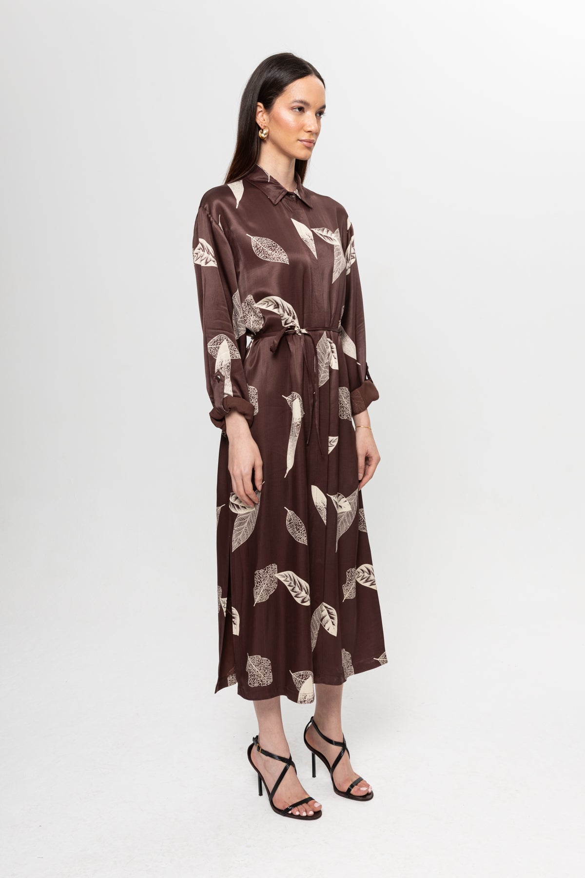 KAHVE BEJLİ SATEN GÖMLEK ELBİSE