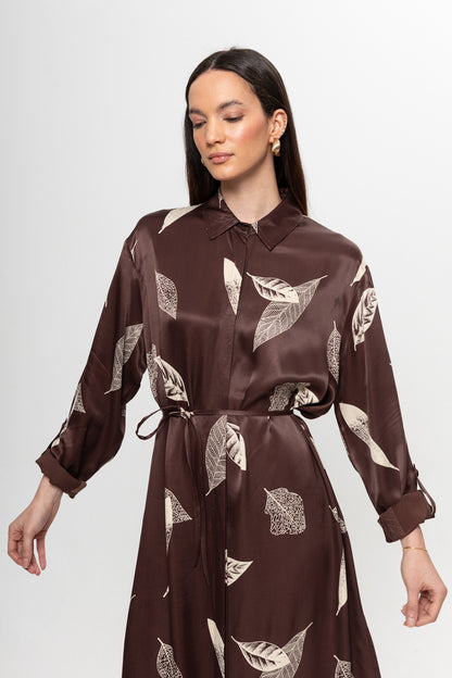 KAHVE BEJLİ SATEN GÖMLEK ELBİSE