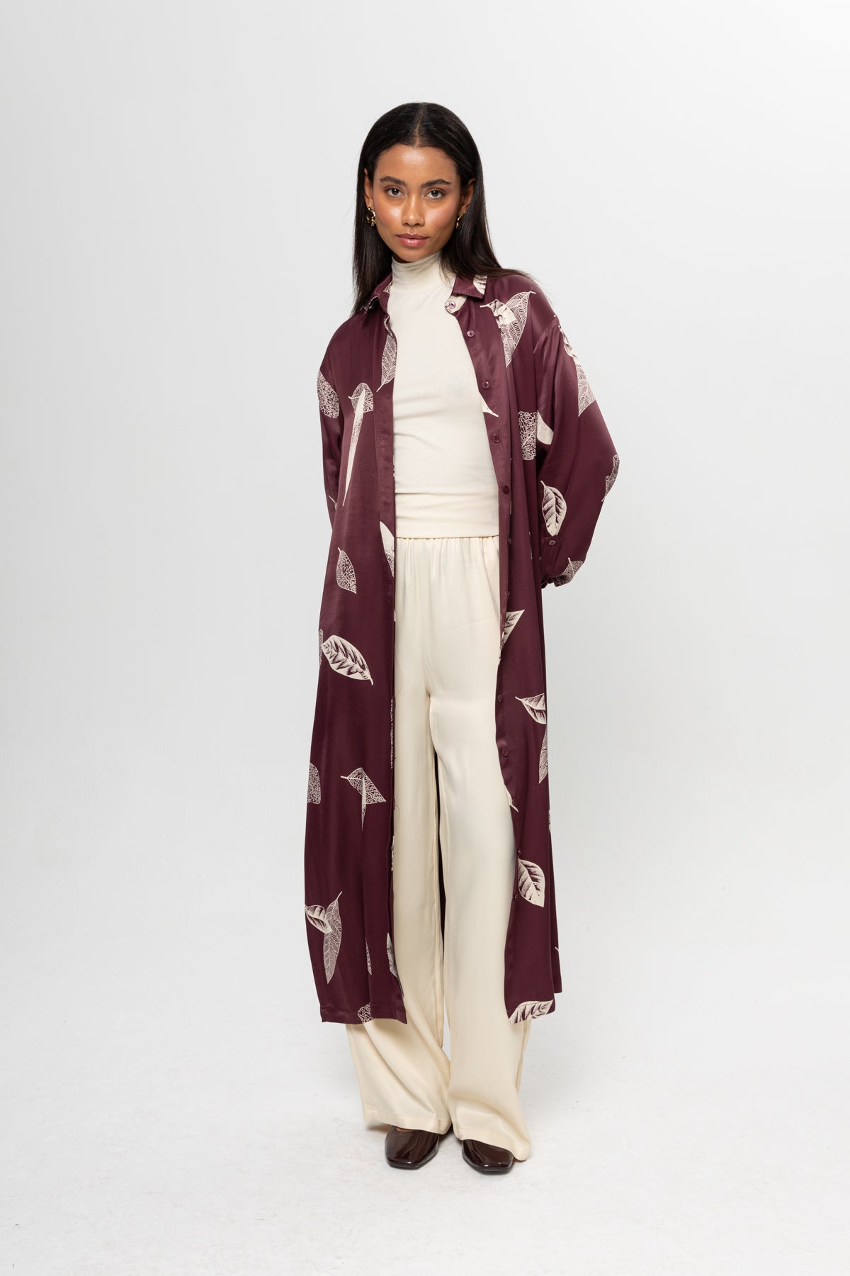 BORDO BEJLİ SATEN GÖMLEK ELBİSE