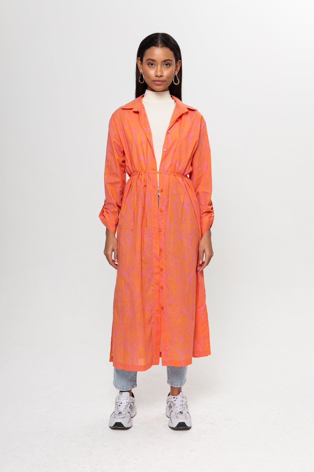 TURUNCU PEMBE DESENLİ GÖMLEK ELBİSE