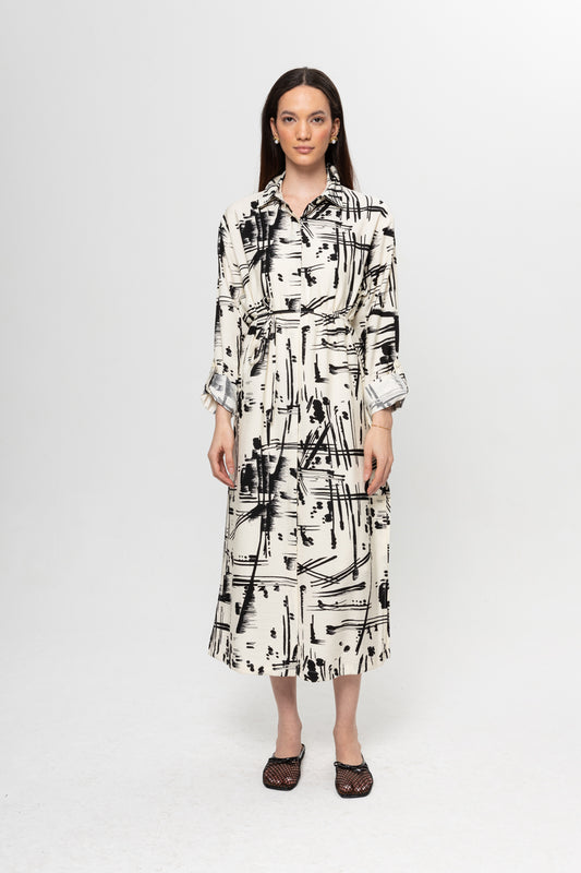 BEJ SİYAH  KARIŞIK DESENLİ GÖMLEK ELBİSE