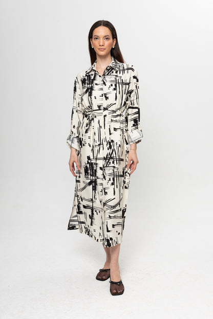 BEJ SİYAH  KARIŞIK DESENLİ GÖMLEK ELBİSE