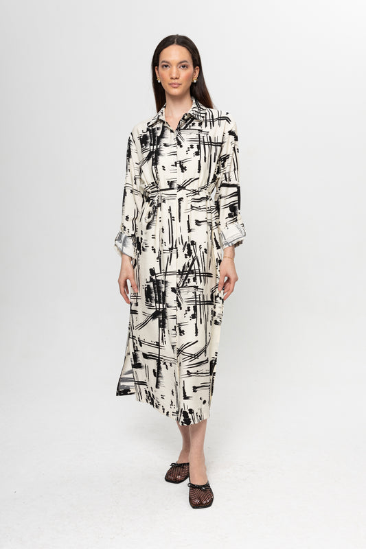 BEJ SİYAH  KARIŞIK DESENLİ GÖMLEK ELBİSE