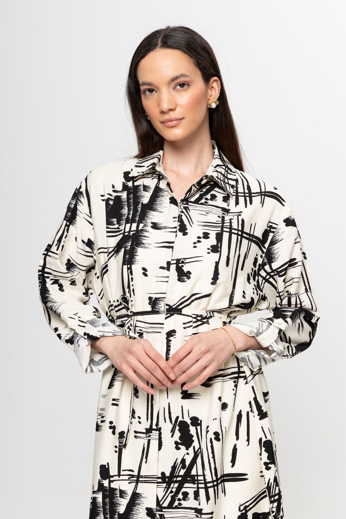 BEJ SİYAH  KARIŞIK DESENLİ GÖMLEK ELBİSE