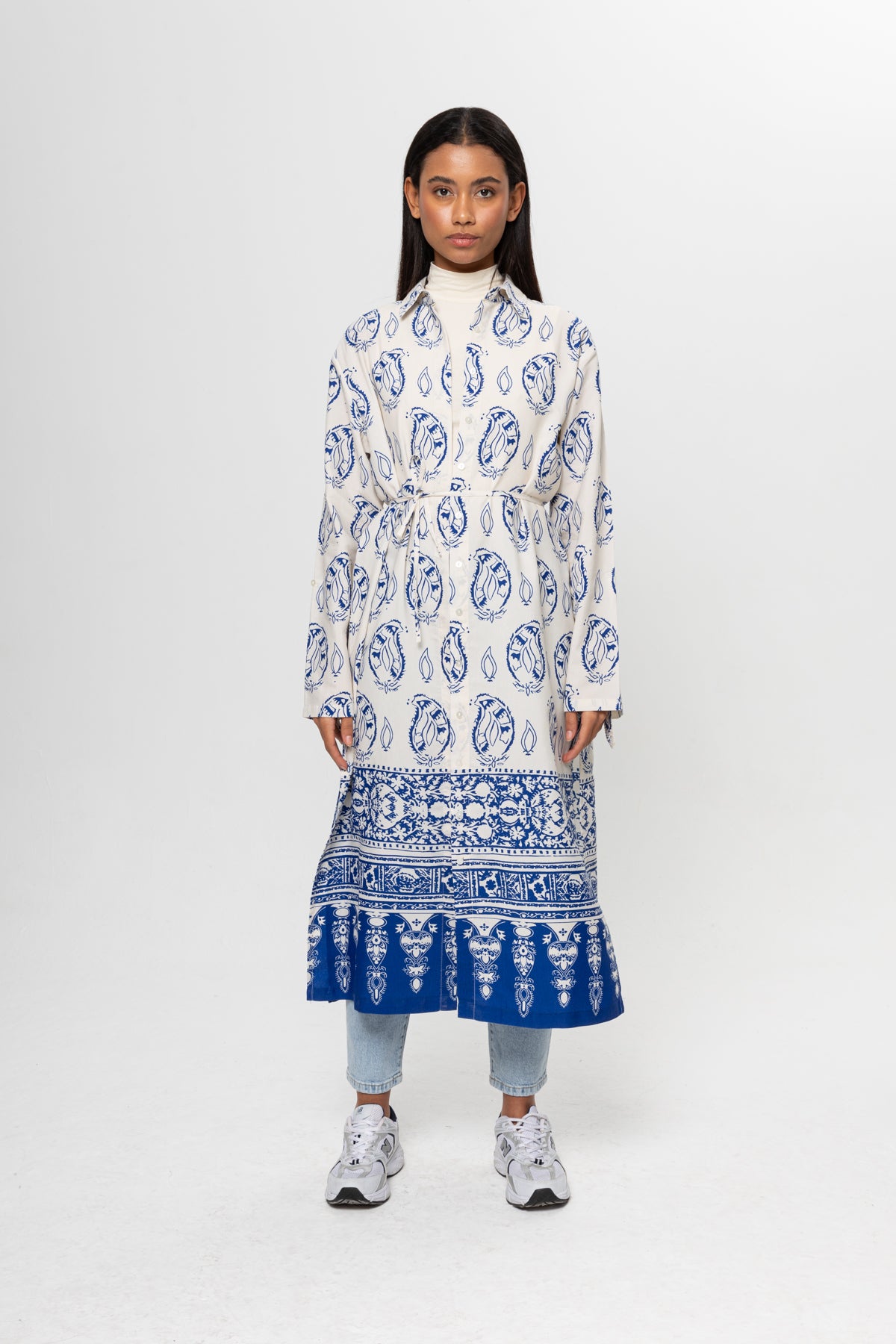 BEJ SAKS MAVİSİ DESENLİ GÖMLEK ELBİSE