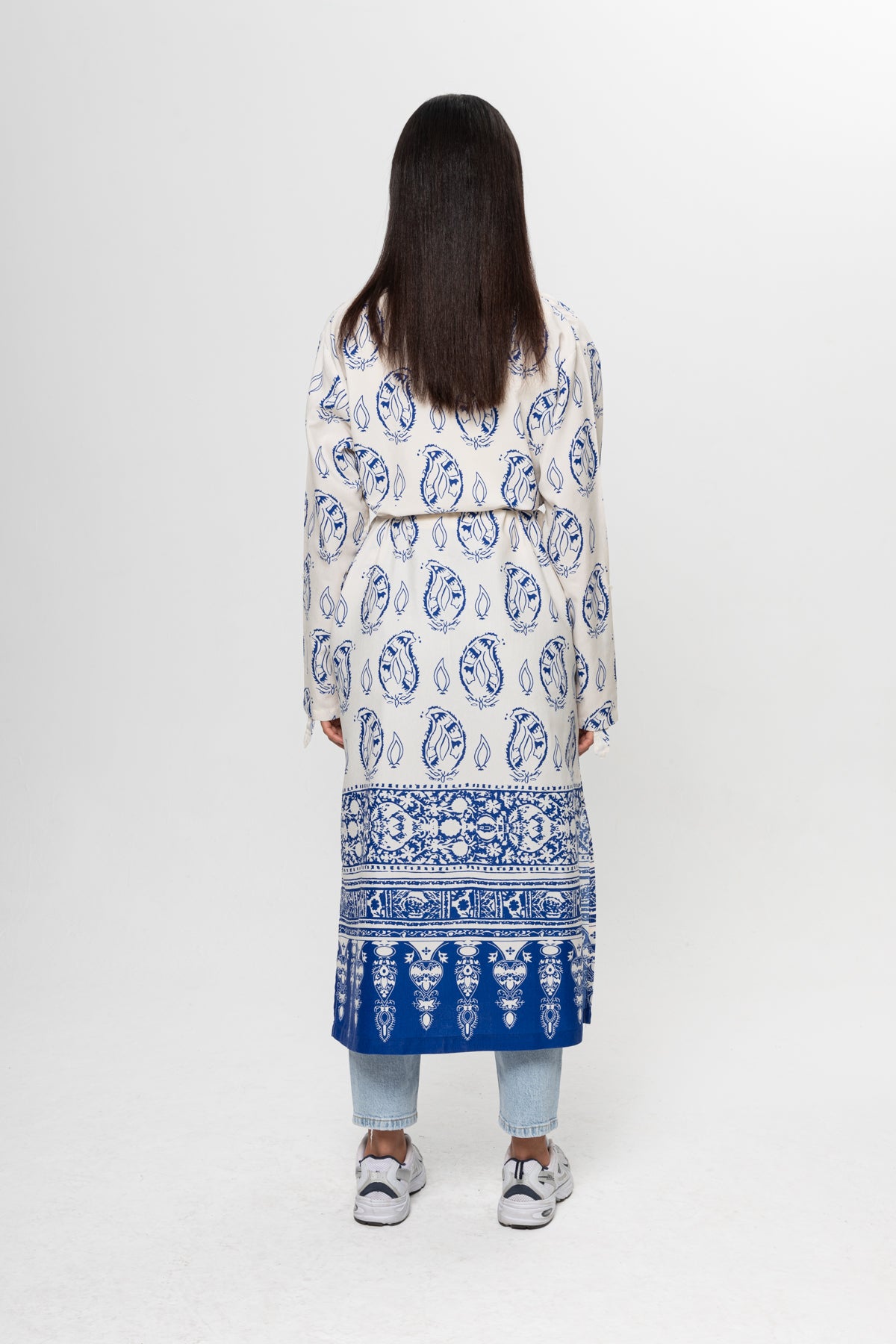 BEJ SAKS MAVİSİ DESENLİ GÖMLEK ELBİSE