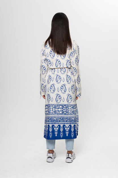 BEJ SAKS MAVİSİ DESENLİ GÖMLEK ELBİSE