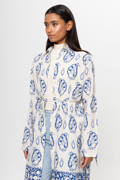 BEJ SAKS MAVİSİ DESENLİ GÖMLEK ELBİSE