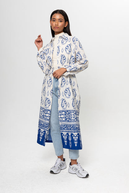 BEJ SAKS MAVİSİ DESENLİ GÖMLEK ELBİSE