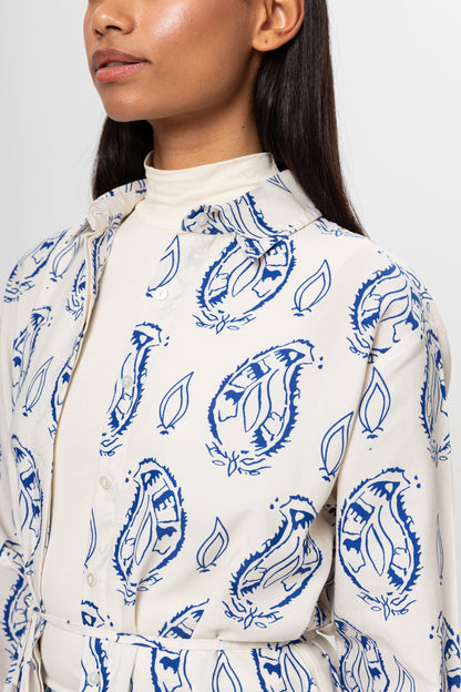 BEJ SAKS MAVİSİ DESENLİ GÖMLEK ELBİSE