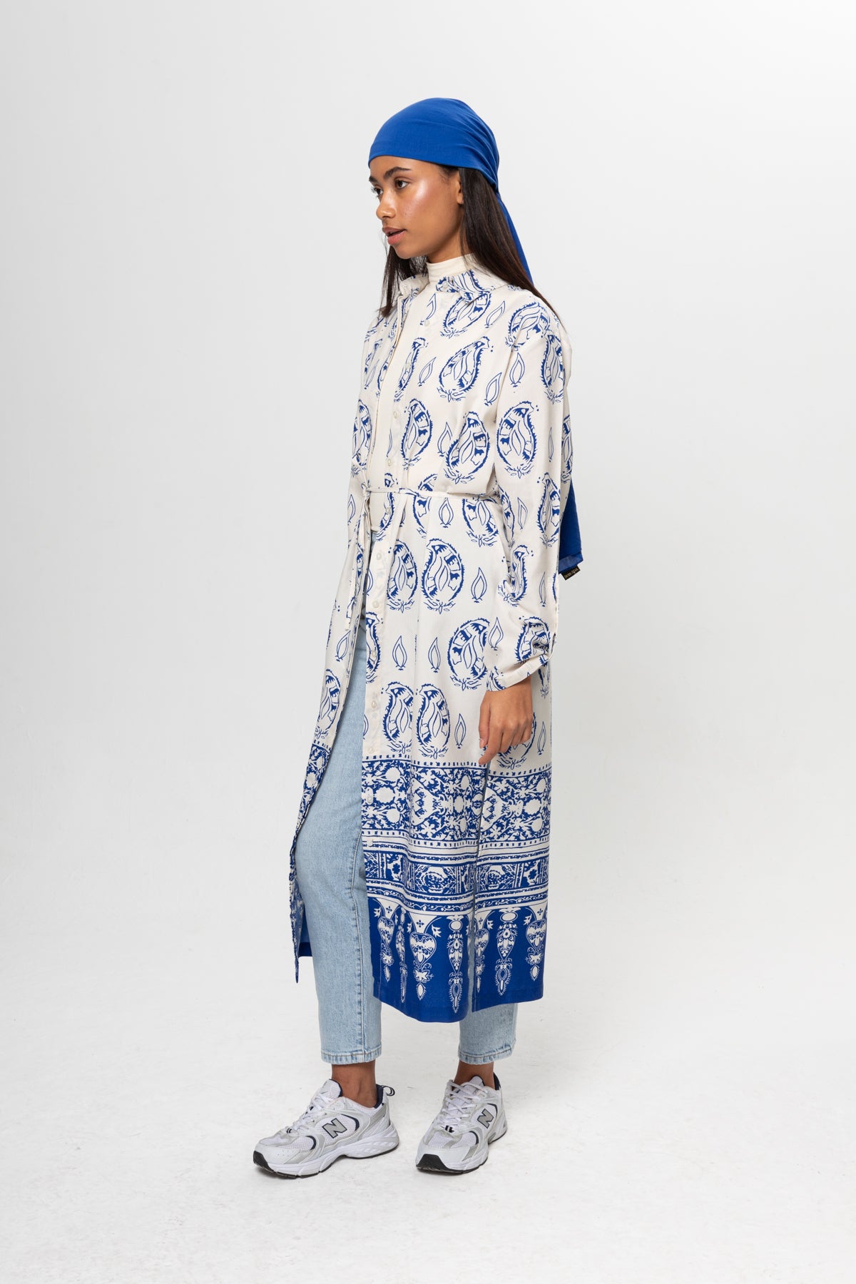 BEJ SAKS MAVİSİ DESENLİ GÖMLEK ELBİSE