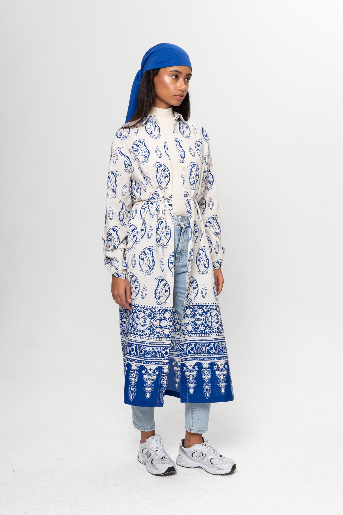 BEJ SAKS MAVİSİ DESENLİ GÖMLEK ELBİSE