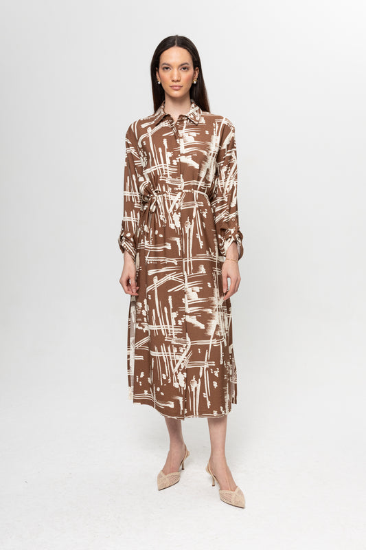 KAHVE BEJ KARIŞIK DESENLİ GÖMLEK ELBİSE