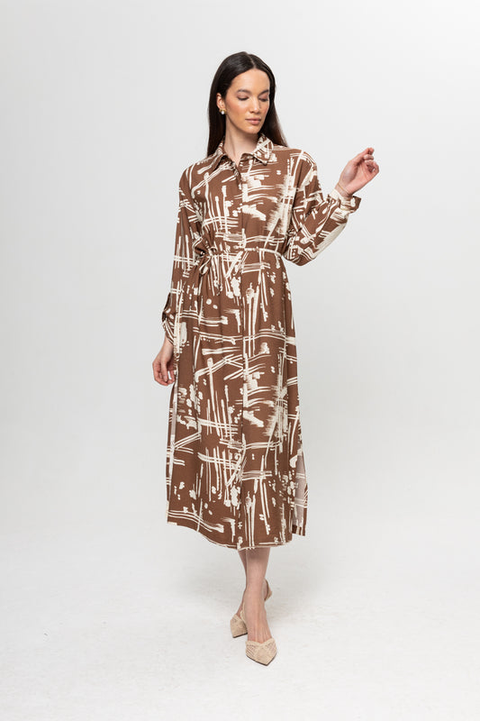 KAHVE BEJ KARIŞIK DESENLİ GÖMLEK ELBİSE