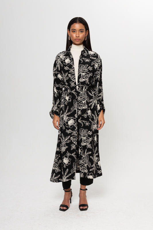 SİYAH BEJ ÇİÇEK DESENLİ GÖMLEK ELBİSE