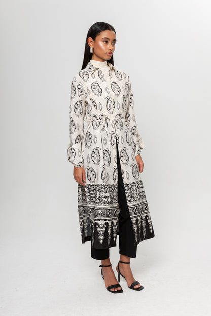 BEJ SİYAH DESENLİ GÖMLEK ELBİSE