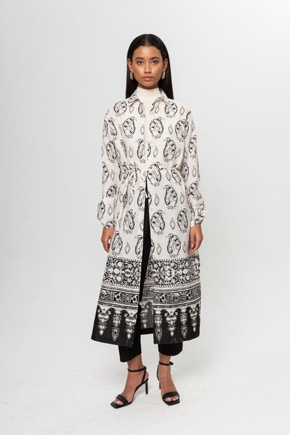 BEJ SİYAH DESENLİ GÖMLEK ELBİSE