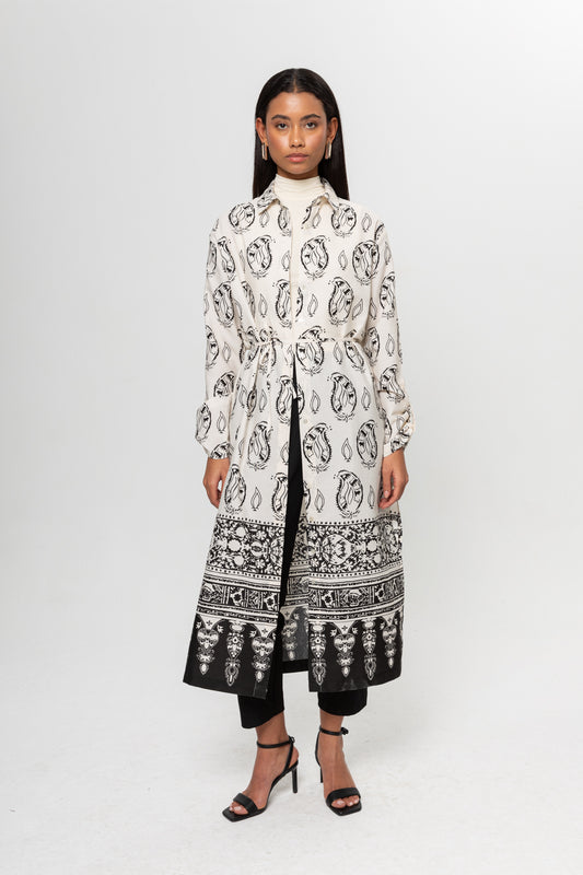 BEJ SİYAH DESENLİ GÖMLEK ELBİSE