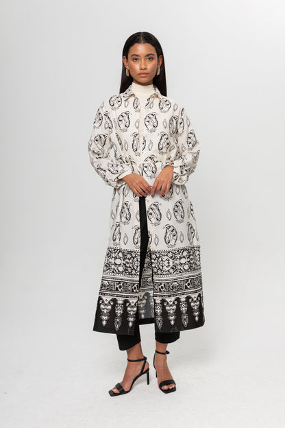 BEJ SİYAH DESENLİ GÖMLEK ELBİSE