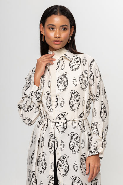 BEJ SİYAH DESENLİ GÖMLEK ELBİSE