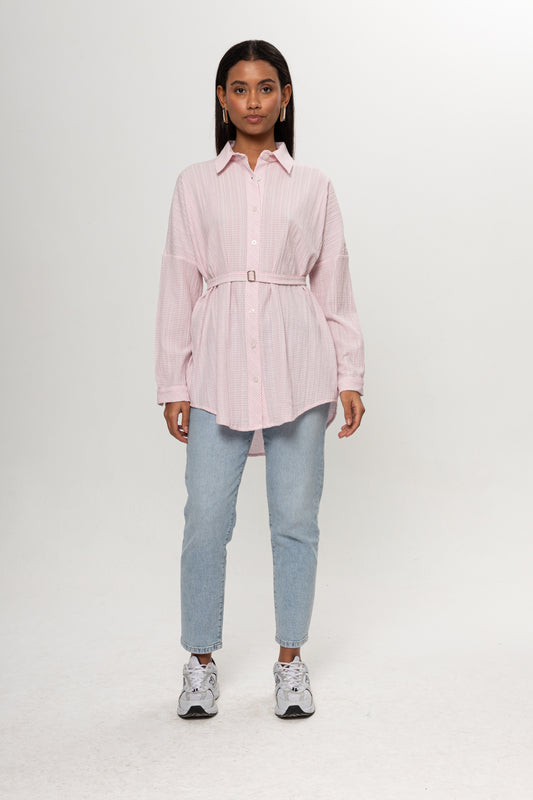 PEMBE ÇİZGİLİ KEMERLİ GÖMLEK