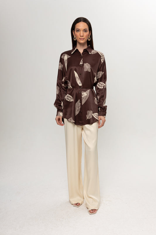 KAHVE  YAPRAK DESENLİ SATEN PANTOLON TAKIM