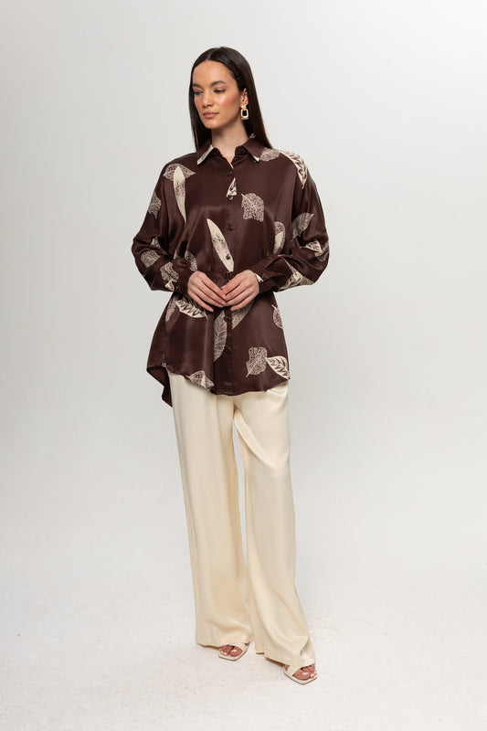 KAHVE  YAPRAK DESENLİ SATEN PANTOLON TAKIM